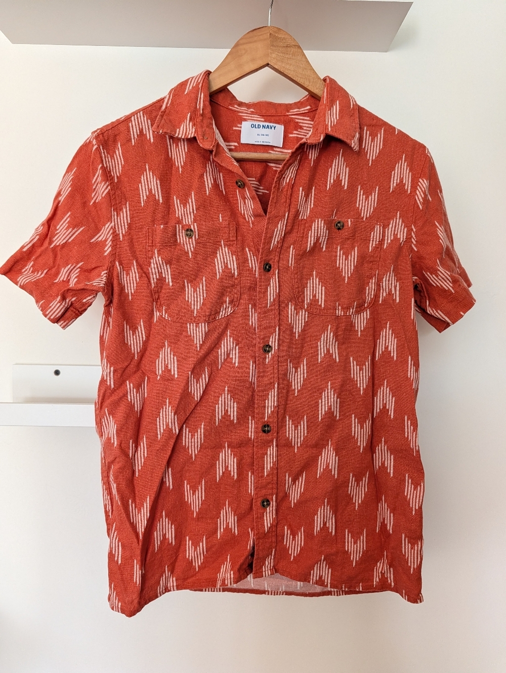 Old Navy Kids 14-16 XL Orange White Linen Blend Short Sleeve Button-Down Shirt